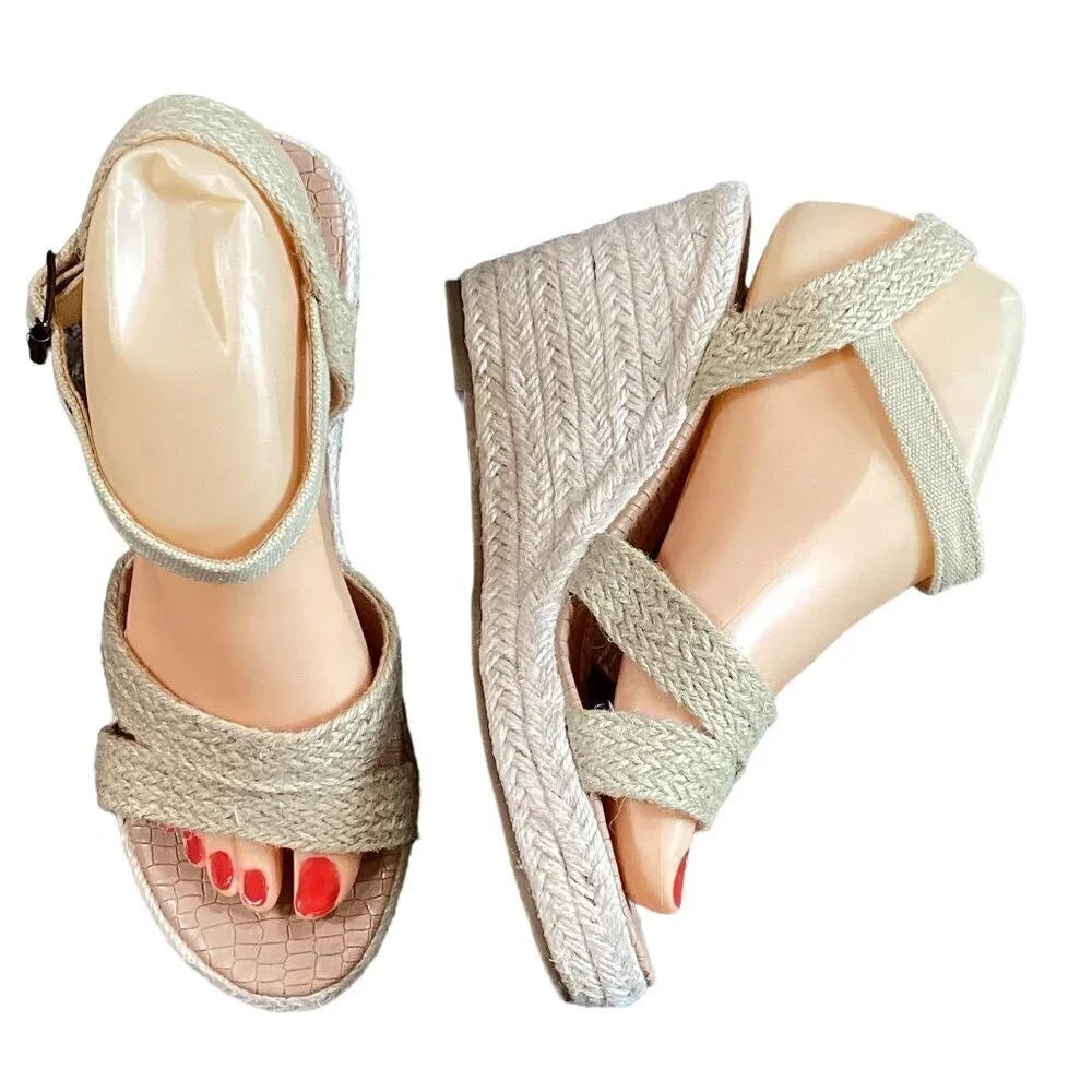 Rope & Canvas Strappy Wedge Espadrille Sandal Sz 7 #42S